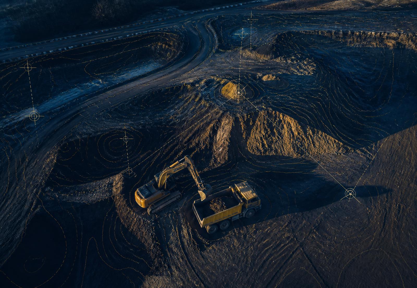 Aerial survey of a construction earthworks site with contour and control-point overlay